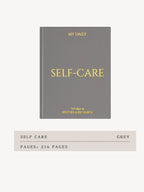 Gray self-care journal with gold text on a white background