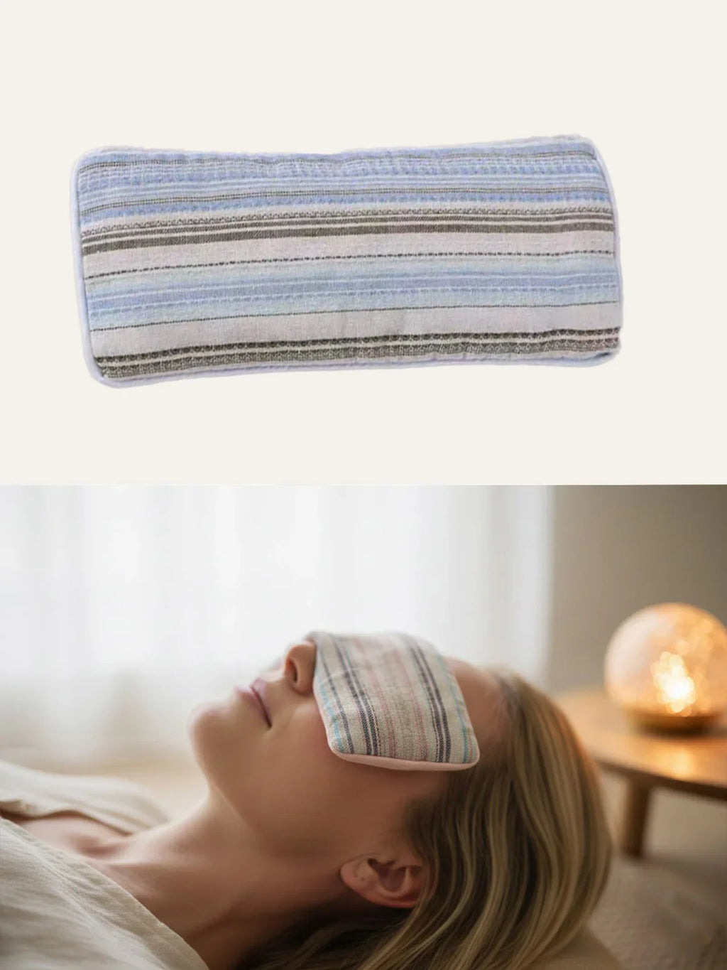 Striped herbal gravity eye pillow (light blue-grey-white pattern) – product display + woman using it in a cozy bedroom (relaxation & sleep accessory)