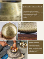 Collage of a singing bowl with text highlighting artisanal touch and stability.