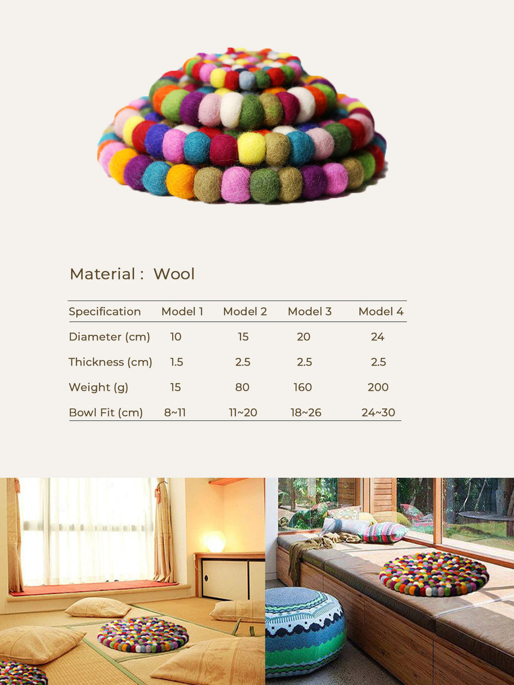 Handcrafted Nepal Wool Felt Ball Mat – Ritual Bowl & Cup Coaster (4 Sizes)