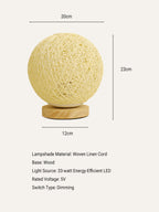 Woven linen cord lamp with dimensions and specifications on a white background