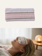 Pink and blue striped fabric herbal gravity eye pillow: product display (top) and woman using it for relaxation in a cozy bedroom (bottom, with glowing lamp), designed for eye comfort and sleep aid
