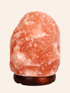 Himalayan salt lamp with a wooden base on a beige background