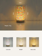 Decorative table lamp with floral pattern, dimensions, weight, and color options displayed.