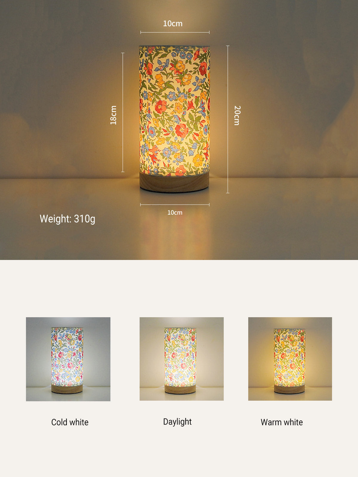 Fabric Table Lamp – USB Powered, Multi-Color Temperature, Dimmable | Linen & Vintage Floral