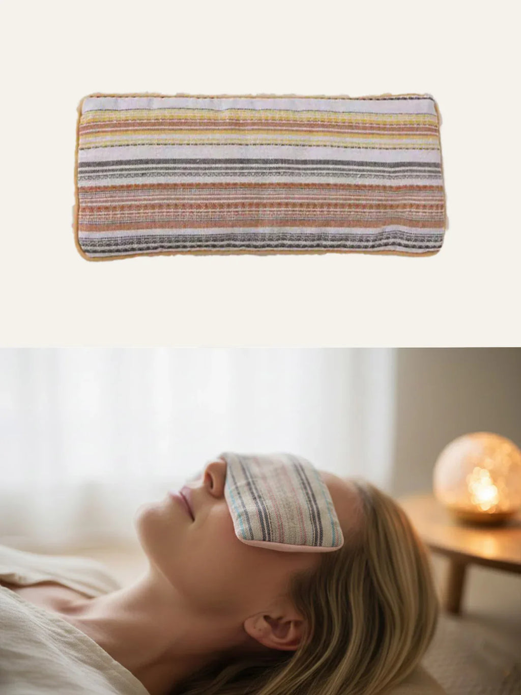 Yellow and multi-colored striped fabric herbal gravity eye pillow: top view of the product and a woman using it for relaxation in a cozy bedroom (with a glowing lamp in the background), intended for eye comfort and sleep support