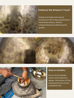Collage of singing bowls with text about artisanal touch and stability.