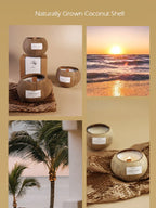 Collage of coconut shell candles with beach and palm tree scenery.