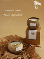 Handmade scented coconut shell candles on a brown background