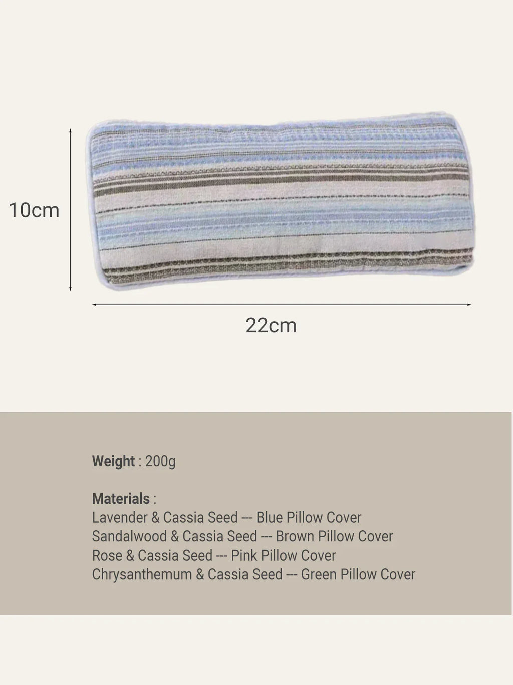 Striped pillow cover with dimensions and material information on a beige background