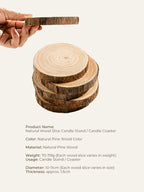 Stack of natural wood slices with a hand holding one above, on a light gray background.