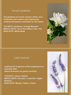 Fragrance description card for Sunset Gardenia with gardenia flower image and lavender flowers on a brown background.