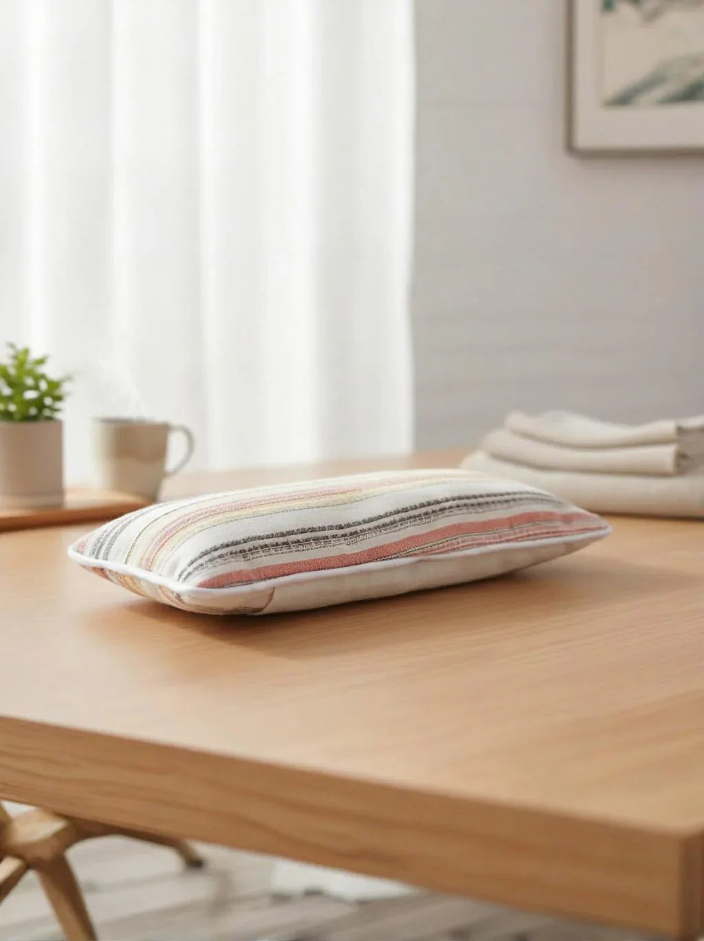 Striped pillow on a wooden table with a blurred background