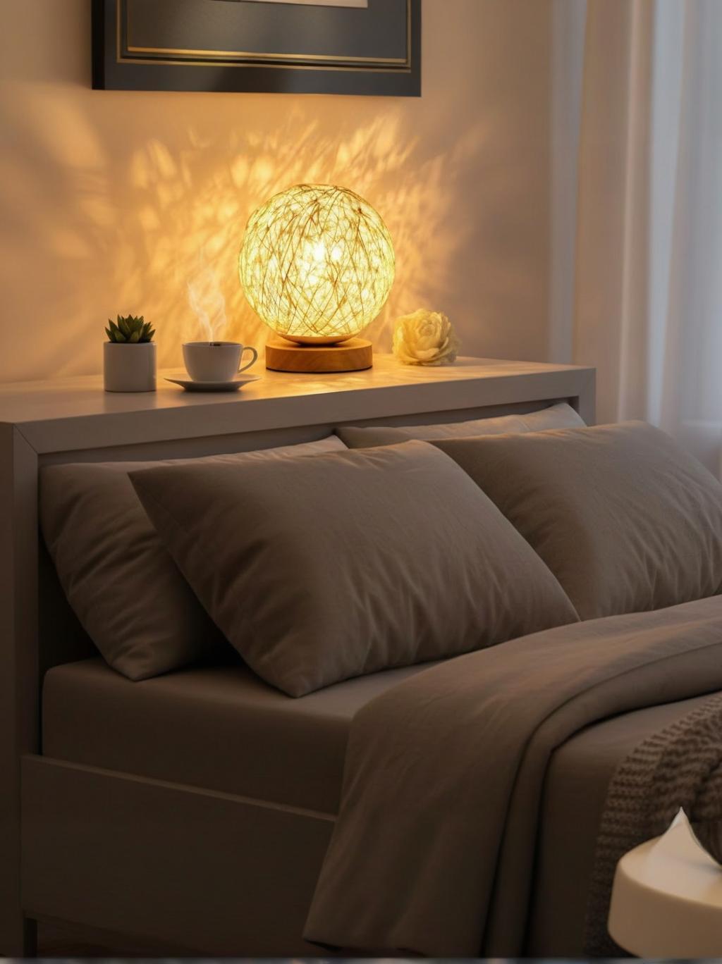 Woven Rattan Ball LED Night Light – Wooden Base, USB 3-Level Dimming