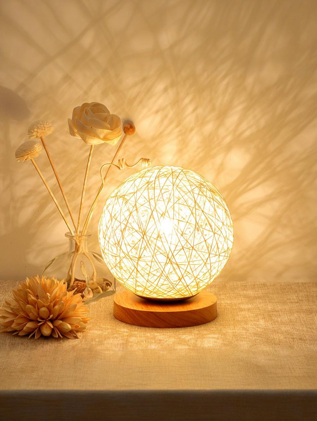 Woven Rattan Ball LED Night Light – Wooden Base, USB 3-Level Dimming