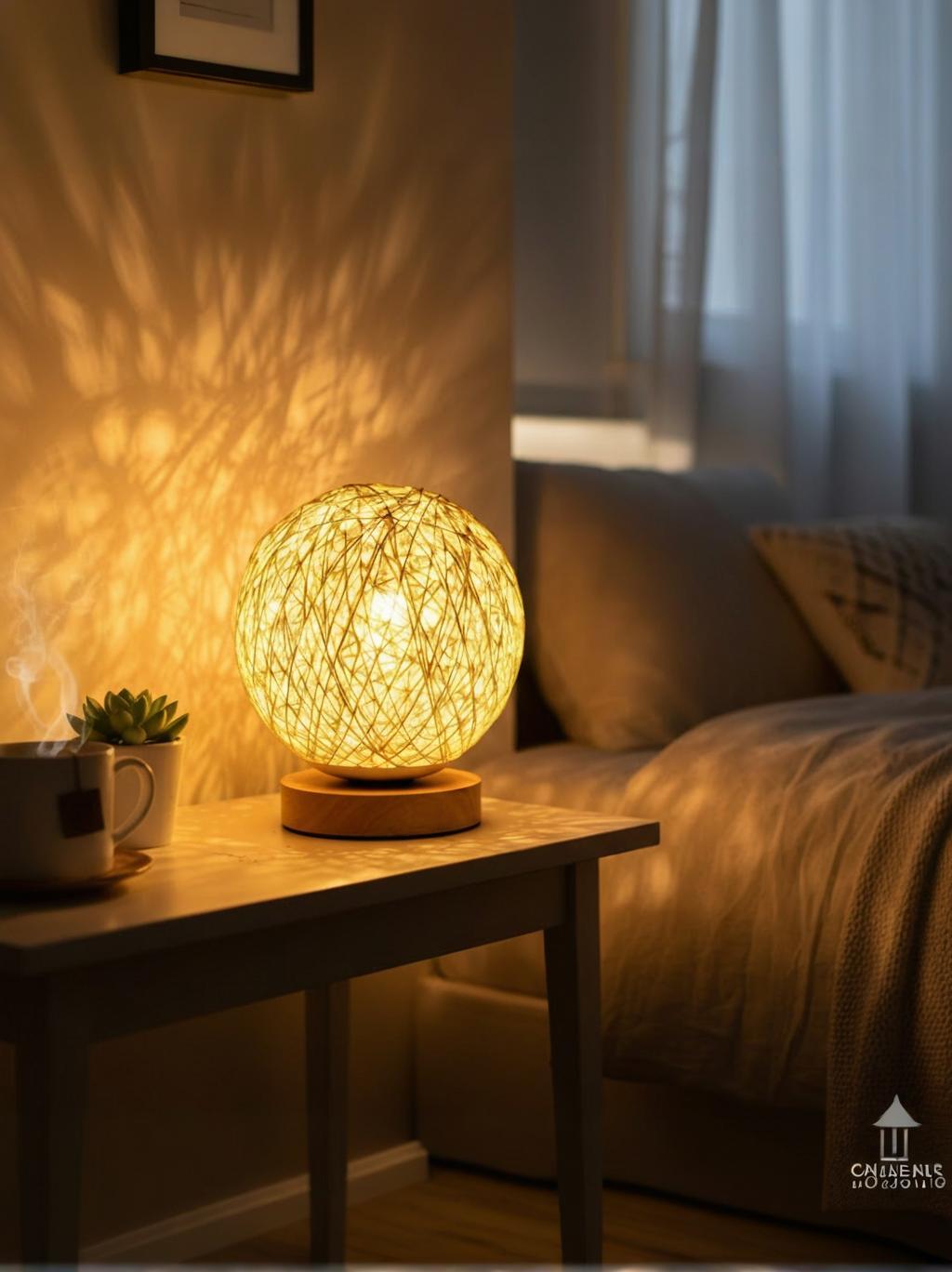 Woven Rattan Ball LED Night Light – Wooden Base, USB 3-Level Dimming