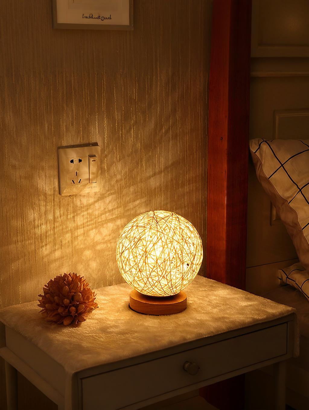 Woven Rattan Ball LED Night Light – Wooden Base, USB 3-Level Dimming