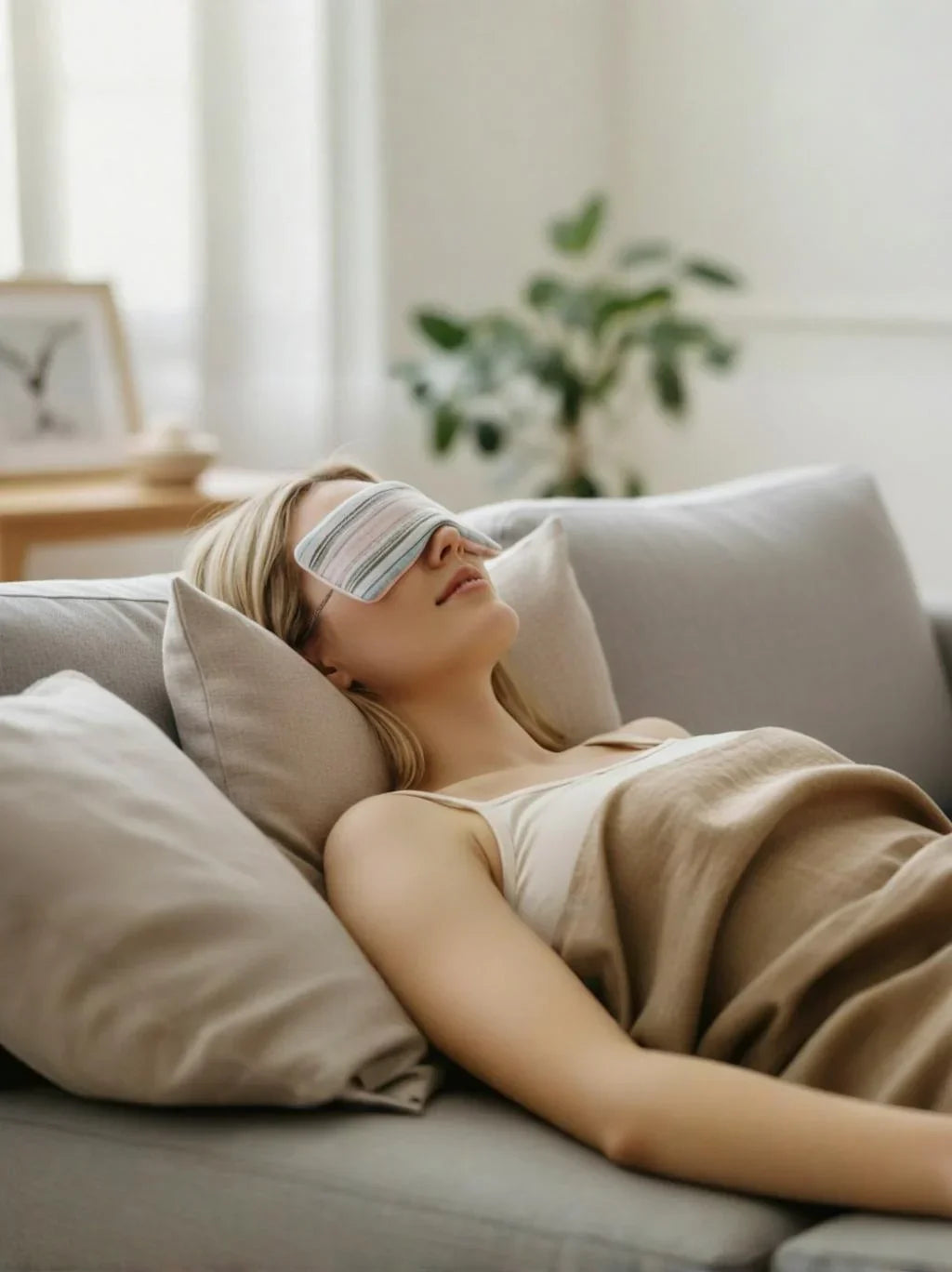 Person lying on a couch with a sleep mask on, wrapped in a blanket in a cozy living room.