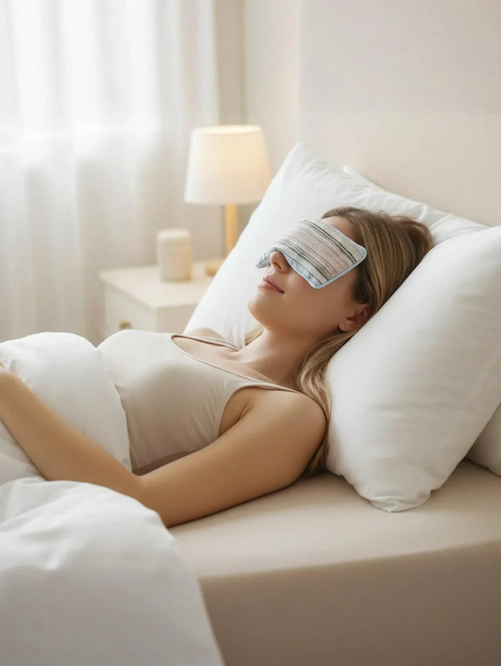 Woman lying on a bed with a sleep mask on, in a softly lit bedroom.