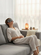 Person relaxing on a couch wearing a sleep mask in a bright room.
