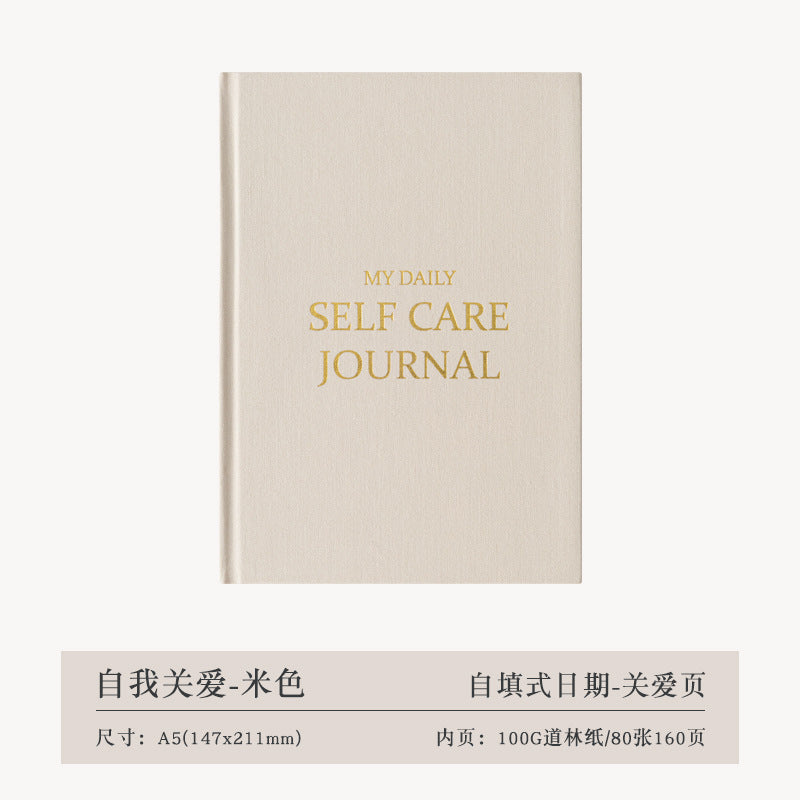 A5 Self-Care & Daily Meditation Journal – Undated Planner with Gold-Edged Linen Cover | Beige
