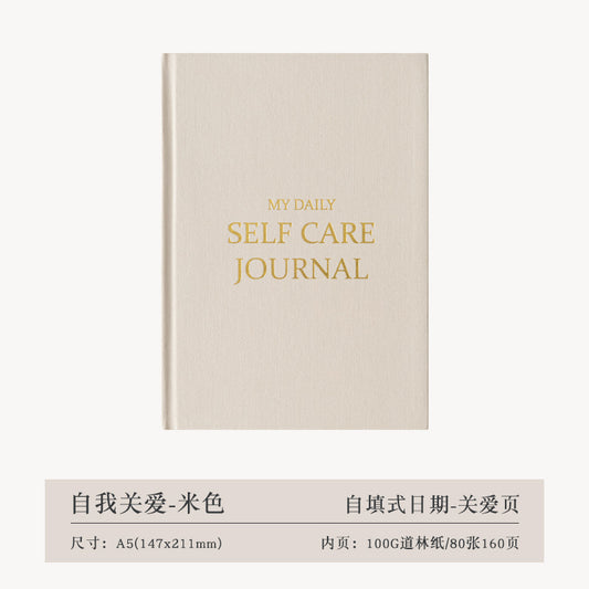 A5 Self-Care & Daily Meditation Journal – Undated Planner with Gold-Edged Linen Cover | Beige