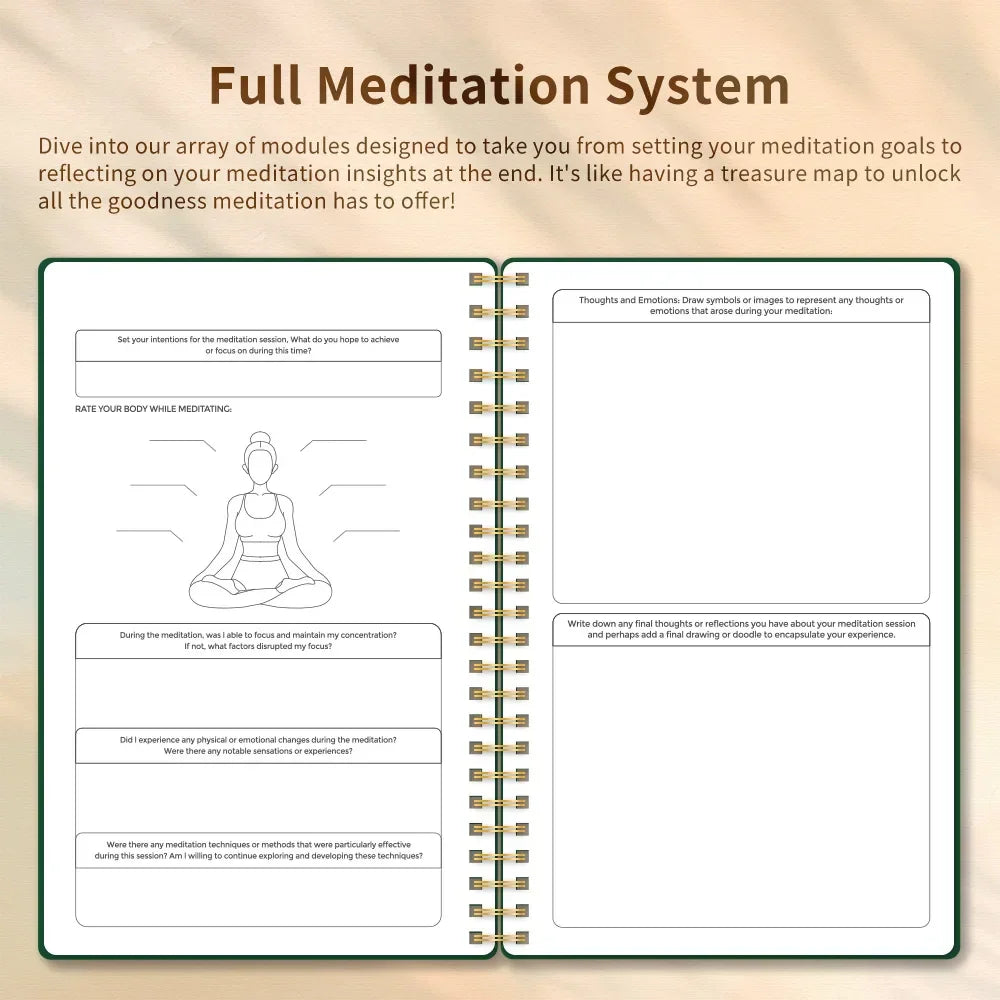 Meditation journal with open pages on a beige background