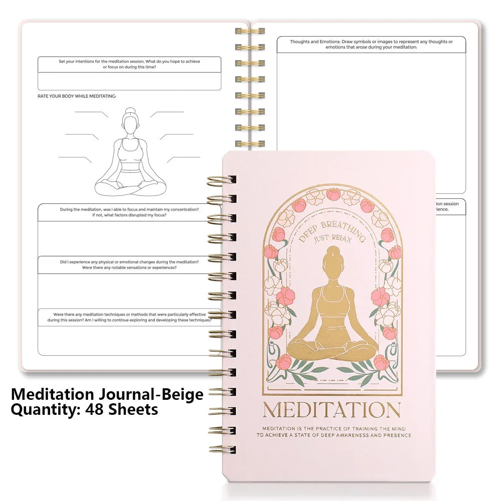Meditation journal with a pink cover featuring a gold illustration of a person in a meditative pose, on a white background.