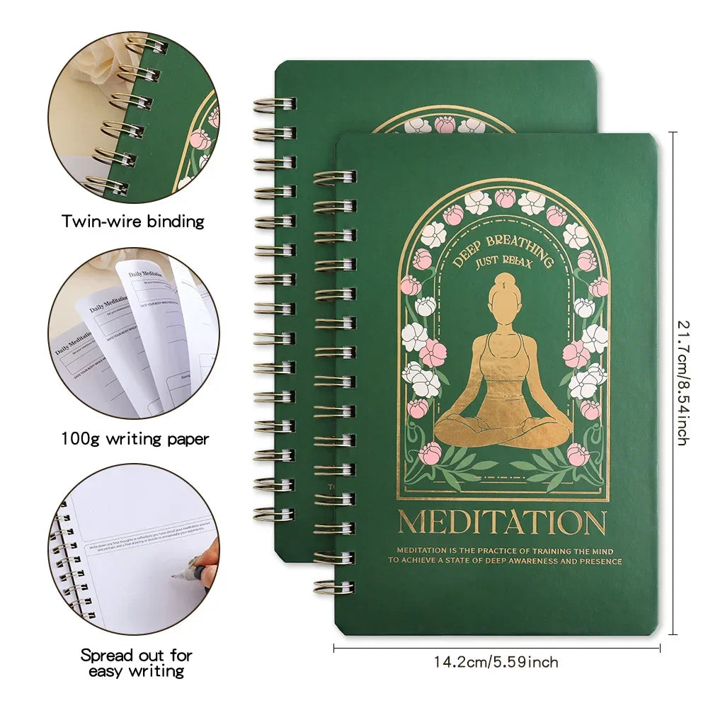 Green meditation notebook with spiral binding, 100g writing paper, and measurements on a white background.