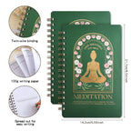Green meditation notebook with spiral binding, 100g writing paper, and measurements on a white background.