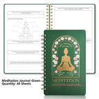Green meditation journal with spiral binding and yoga illustration on a white background