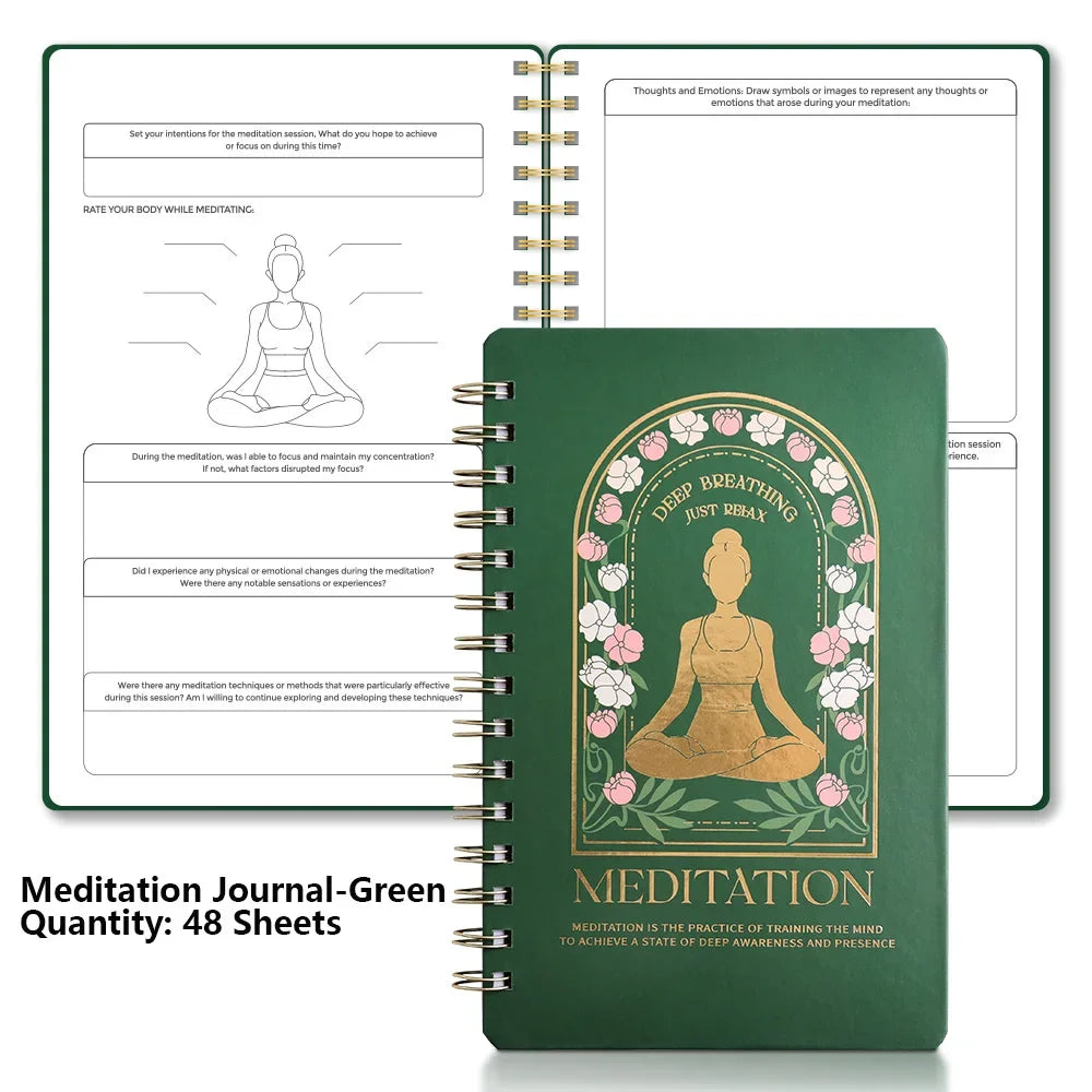 Green meditation journal with spiral binding and yoga illustration on a white background