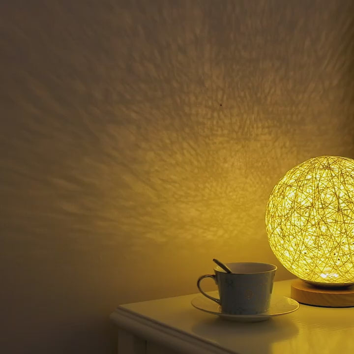 Woven Rattan Ball LED Night Light – Wooden Base, USB 3-Level Dimming